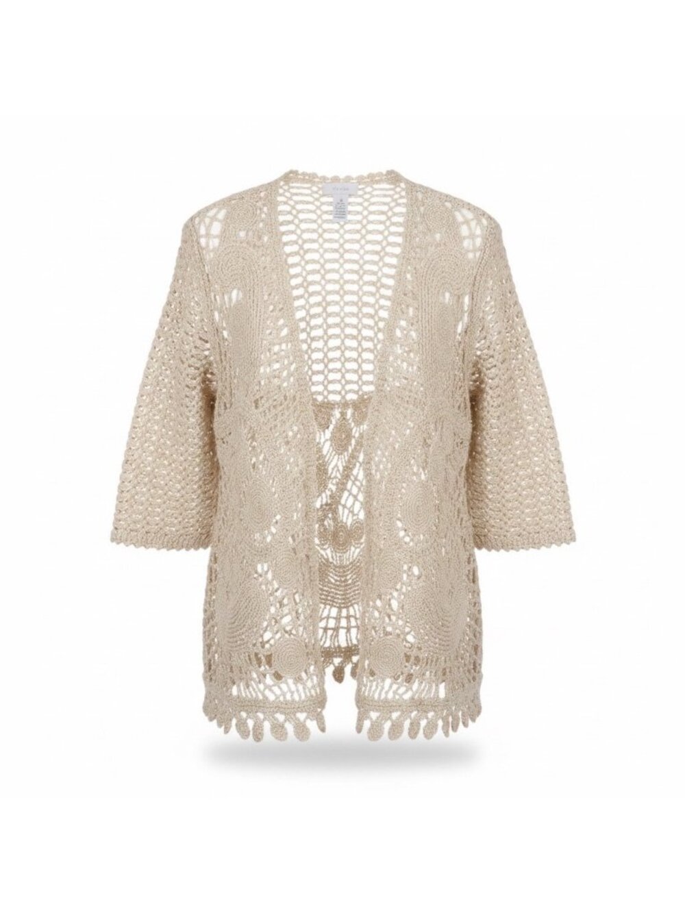 Chicos Womens Beige Crochet Open-Front Cardigan Lightweight Knit Size 2